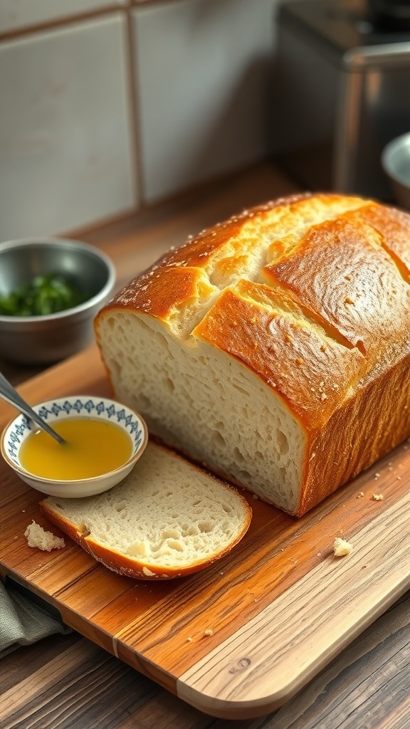 Japanese Gluten-Free Bread Recipe A golden brown loaf of gluten-free Japanese bread sliced on a wooden board with olive oil and herbs.